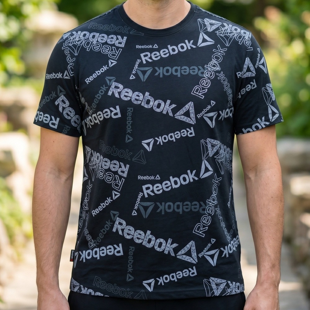 Reebok Mens All Over Print Logo‎ Graphic T-Shirt Black Delta Logo Tee XL